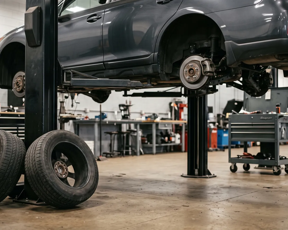 A bay in Milwaukee with a vehicle on the lift and all four wheels off